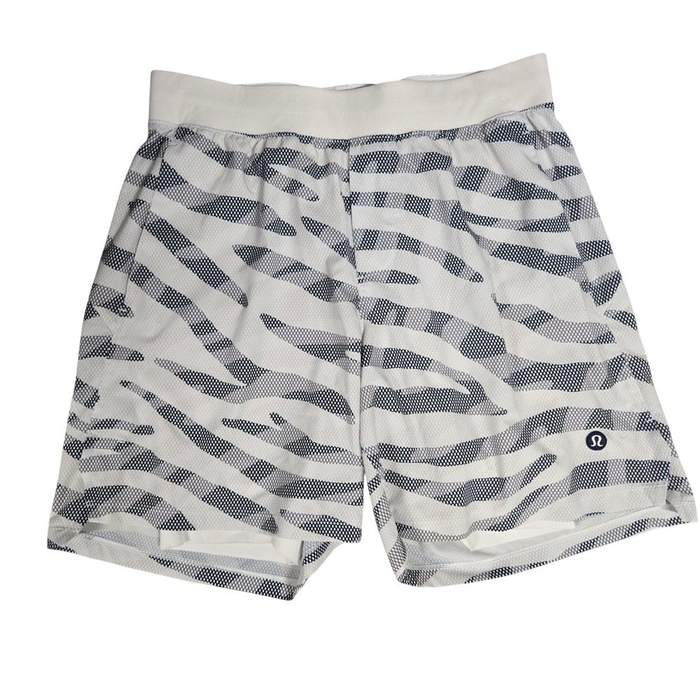 Lululemon Ventilated Tennis Short 7" Lined White Navy Zebra Print Men's Size S